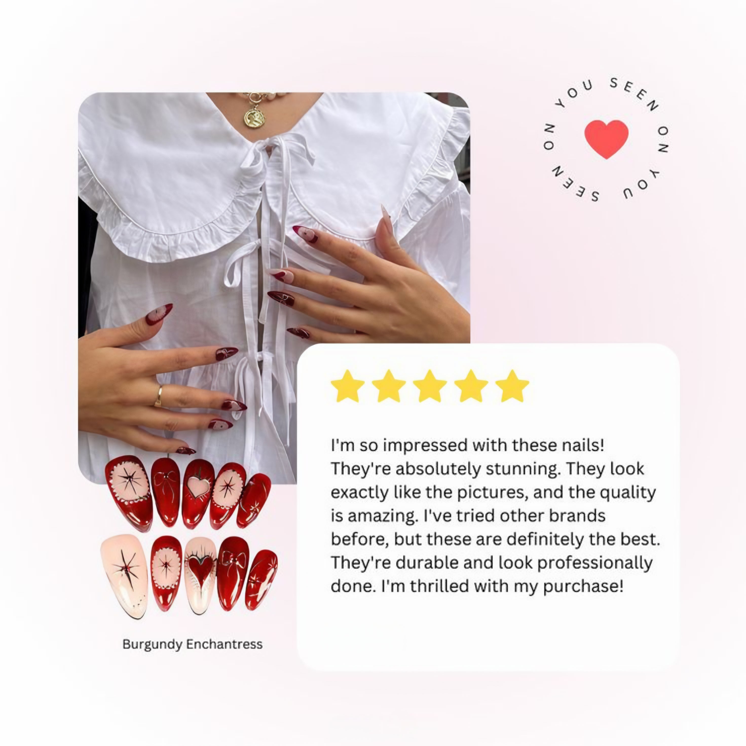 Product review with hands wearing a white shirt and nail samples on a white background